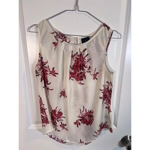 Worthington Womens‎ Blouse Floral Pleated Neckline Cream Red PS